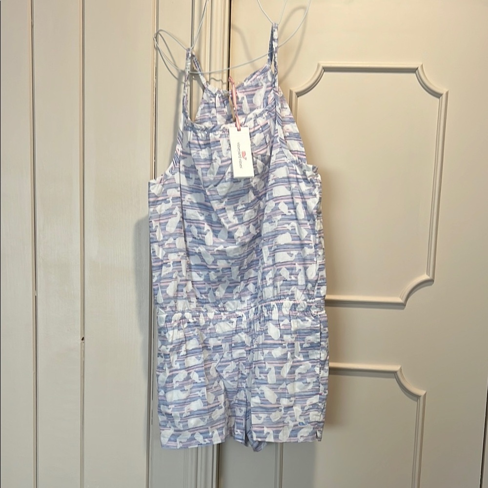Vineyard Vines Blue and Pink Striped Romper with pockets